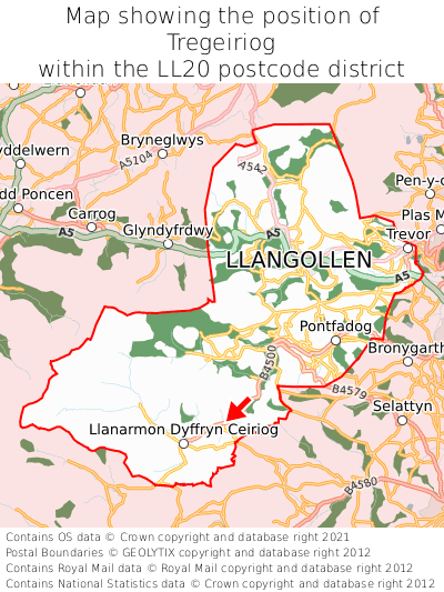Map showing location of Tregeiriog within LL20
