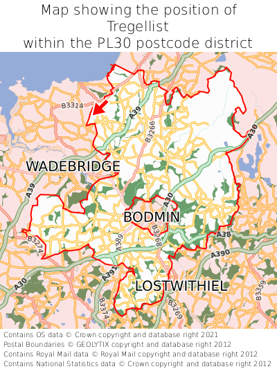 Map showing location of Tregellist within PL30