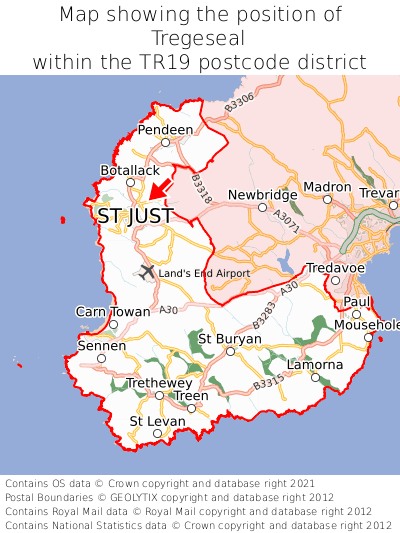 Map showing location of Tregeseal within TR19