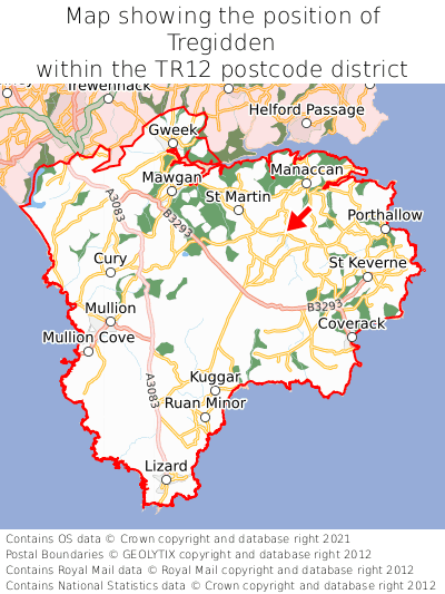 Map showing location of Tregidden within TR12