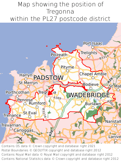 Map showing location of Tregonna within PL27