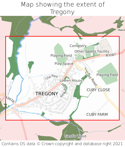 Map showing extent of Tregony as bounding box