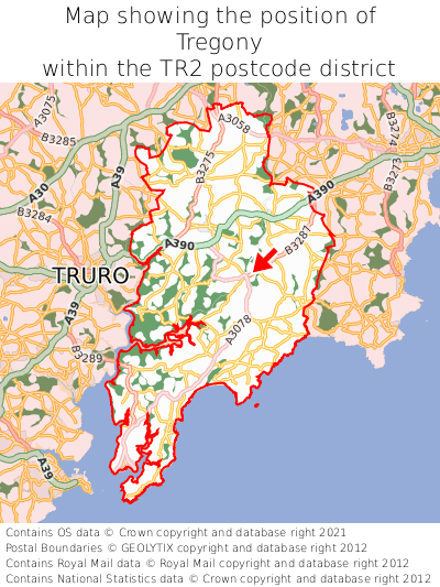 Map showing location of Tregony within TR2