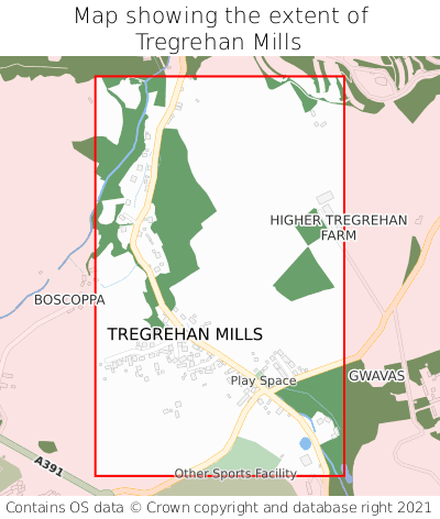 Map showing extent of Tregrehan Mills as bounding box