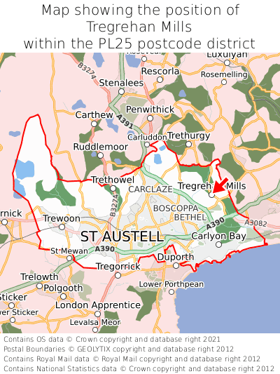 Map showing location of Tregrehan Mills within PL25