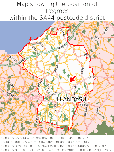 Map showing location of Tregroes within SA44