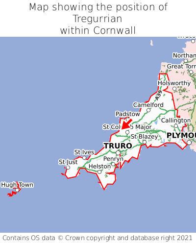 Map showing location of Tregurrian within Cornwall