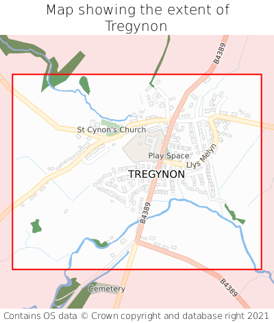 Map showing extent of Tregynon as bounding box