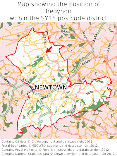 Map showing location of Tregynon within SY16