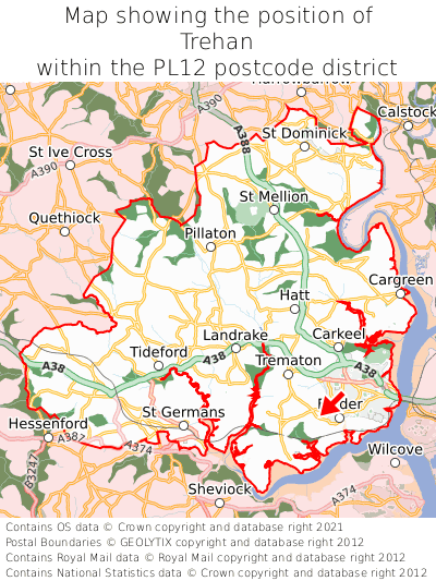 Map showing location of Trehan within PL12