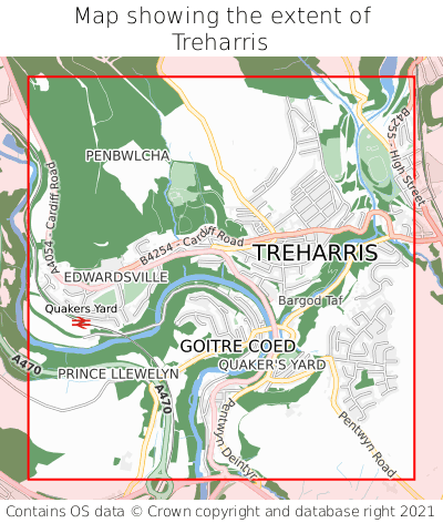 Map showing extent of Treharris as bounding box