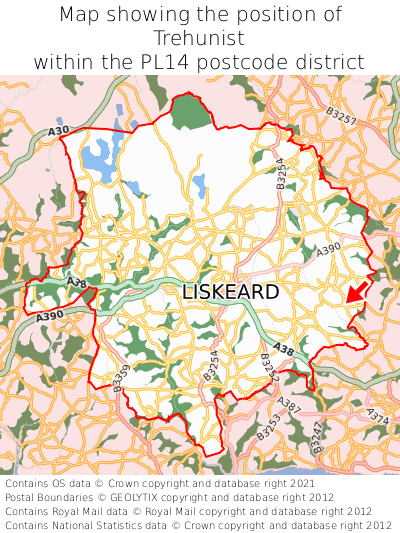 Map showing location of Trehunist within PL14