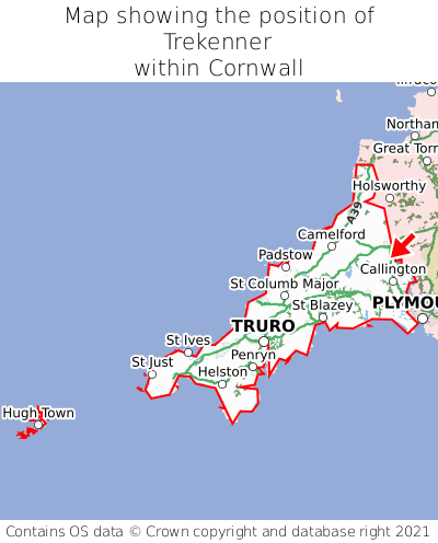 Map showing location of Trekenner within Cornwall
