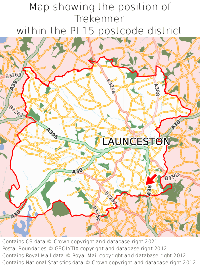 Map showing location of Trekenner within PL15