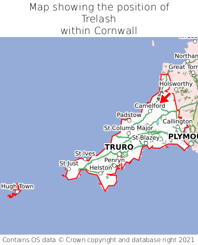 Map showing location of Trelash within Cornwall