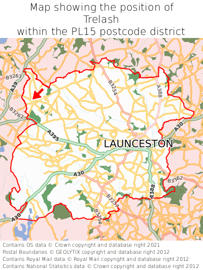 Map showing location of Trelash within PL15