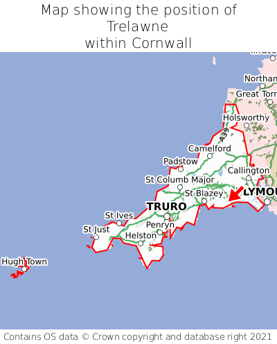 Map showing location of Trelawne within Cornwall