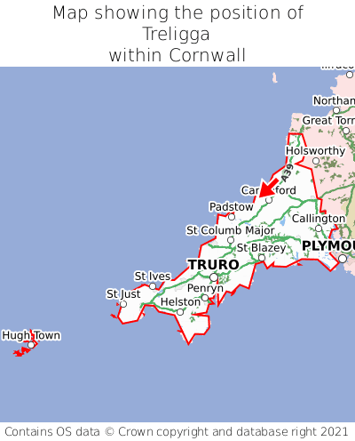Map showing location of Treligga within Cornwall