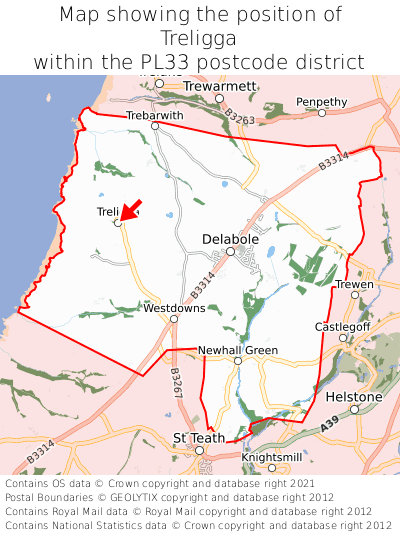 Map showing location of Treligga within PL33