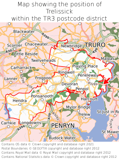 Map showing location of Trelissick within TR3