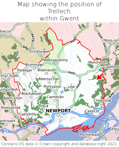 Map showing location of Trellech within Gwent