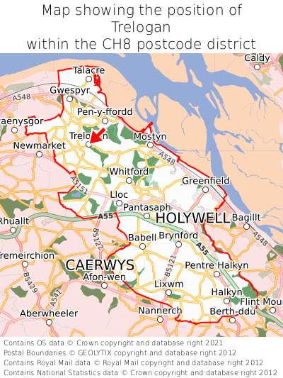 Map showing location of Trelogan within CH8