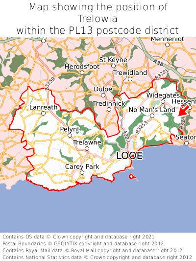 Map showing location of Trelowia within PL13