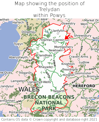 Map showing location of Trelydan within Powys