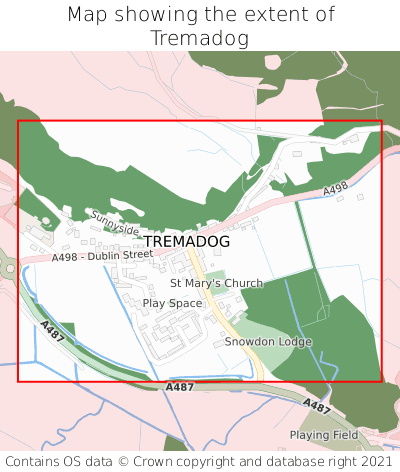 Map showing extent of Tremadog as bounding box