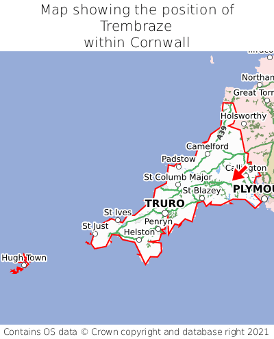 Map showing location of Trembraze within Cornwall