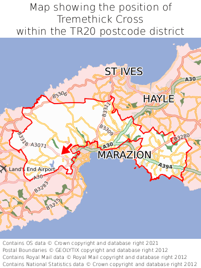 Map showing location of Tremethick Cross within TR20