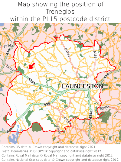 Map showing location of Treneglos within PL15