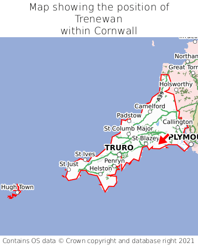 Map showing location of Trenewan within Cornwall