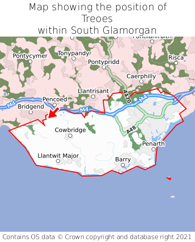 Map showing location of Treoes within South Glamorgan
