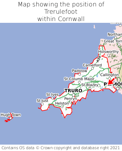 Map showing location of Trerulefoot within Cornwall