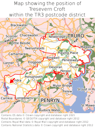 Map showing location of Tresevern Croft within TR3