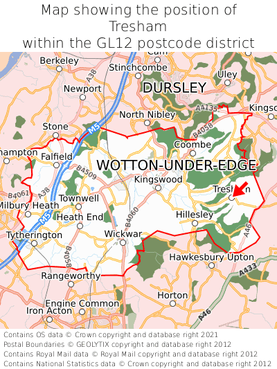 Map showing location of Tresham within GL12