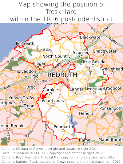 Map showing location of Treskillard within TR16