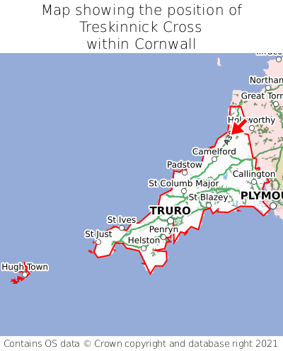 Map showing location of Treskinnick Cross within Cornwall