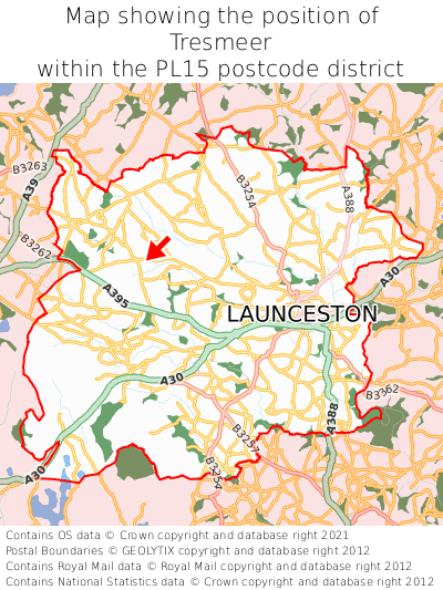 Map showing location of Tresmeer within PL15