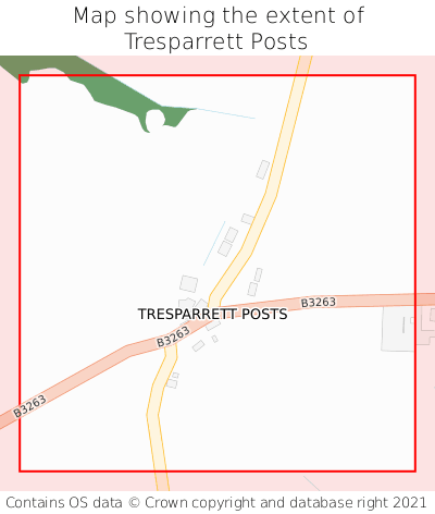 Map showing extent of Tresparrett Posts as bounding box