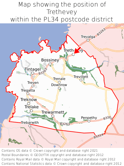 Map showing location of Trethevey within PL34