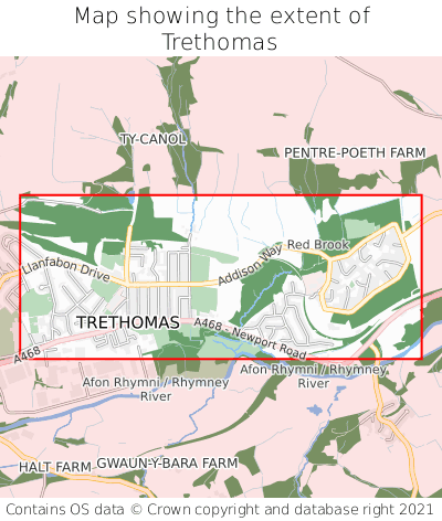 Map showing extent of Trethomas as bounding box