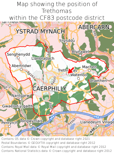 Map showing location of Trethomas within CF83