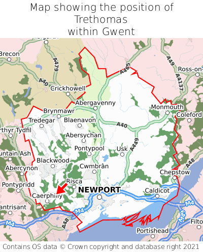 Map showing location of Trethomas within Gwent