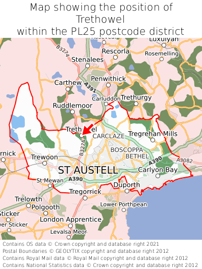 Map showing location of Trethowel within PL25