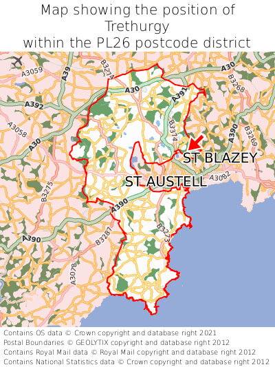 Map showing location of Trethurgy within PL26