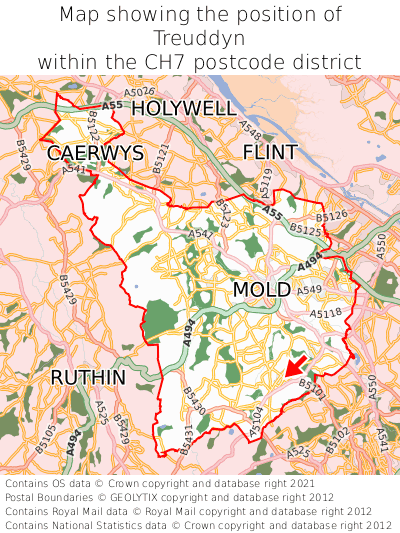 Map showing location of Treuddyn within CH7