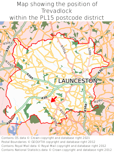 Map showing location of Trevadlock within PL15