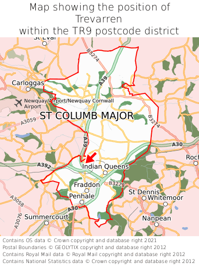 Map showing location of Trevarren within TR9